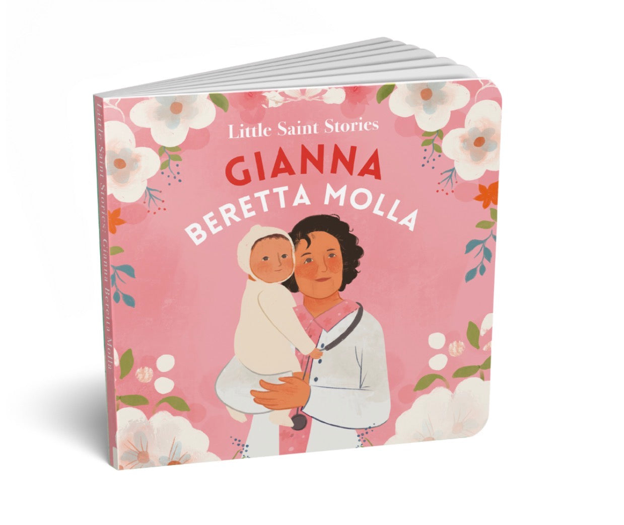 Book titled 'Little Saint Stories: Gianna Beretta Molla' with illustrations on a pink background