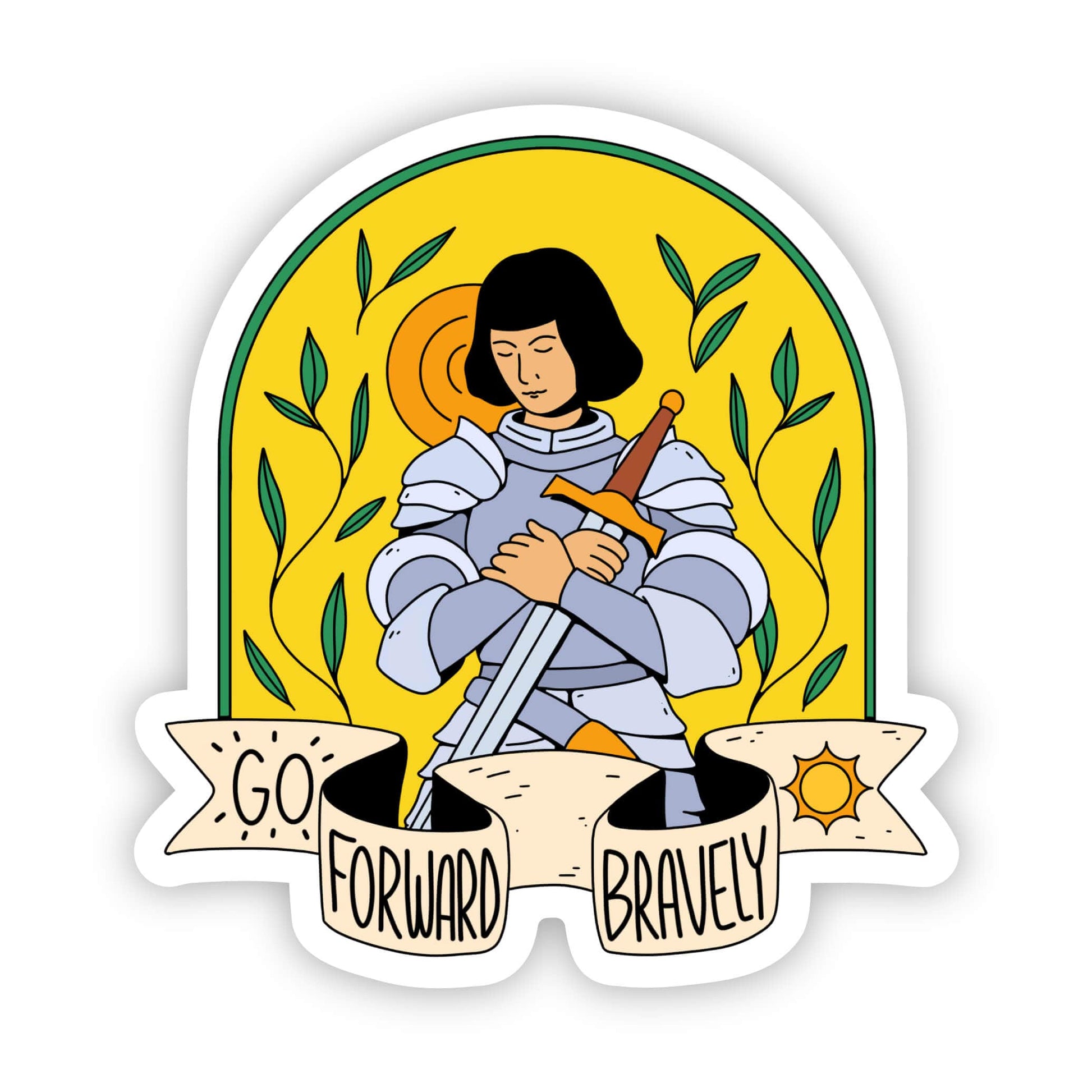 Sticker with a character holding a sword, surrounded by leaves and a yellow background, with 'Go Forward Bravely' text.