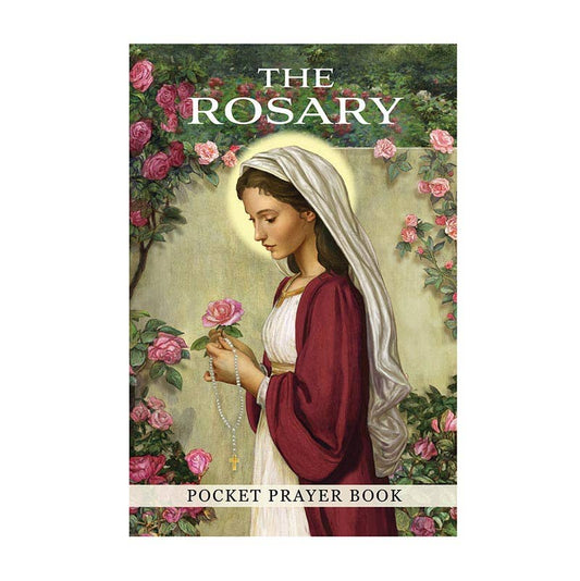 Rosary pocket prayer book cover with a religious illustration of a woman holding a rose and rosary.