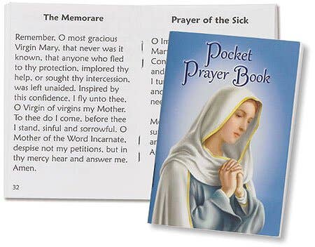 Pocket prayer book with Virgin Mary illustration and text on a white background