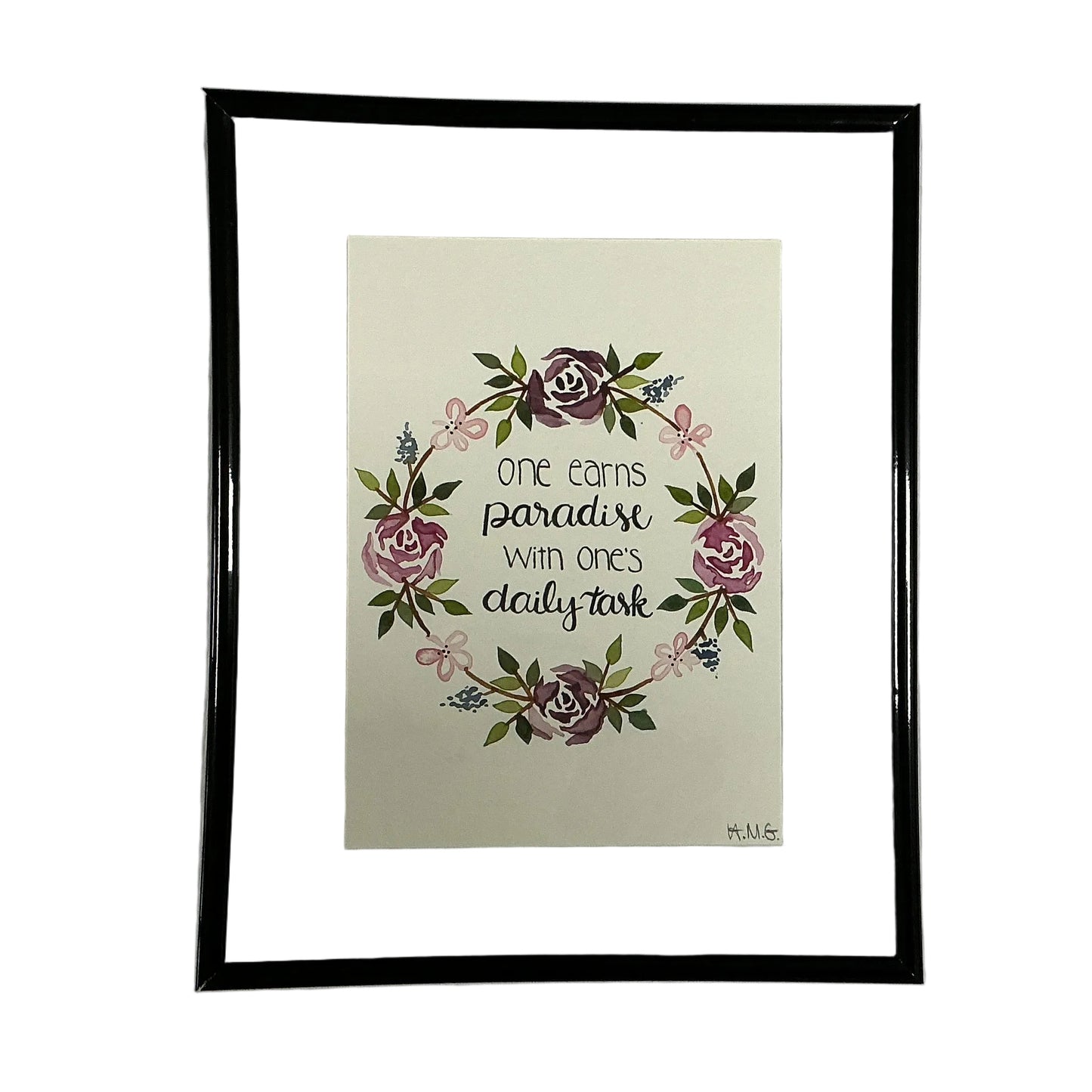 Framed artwork with floral design and text on a beige background