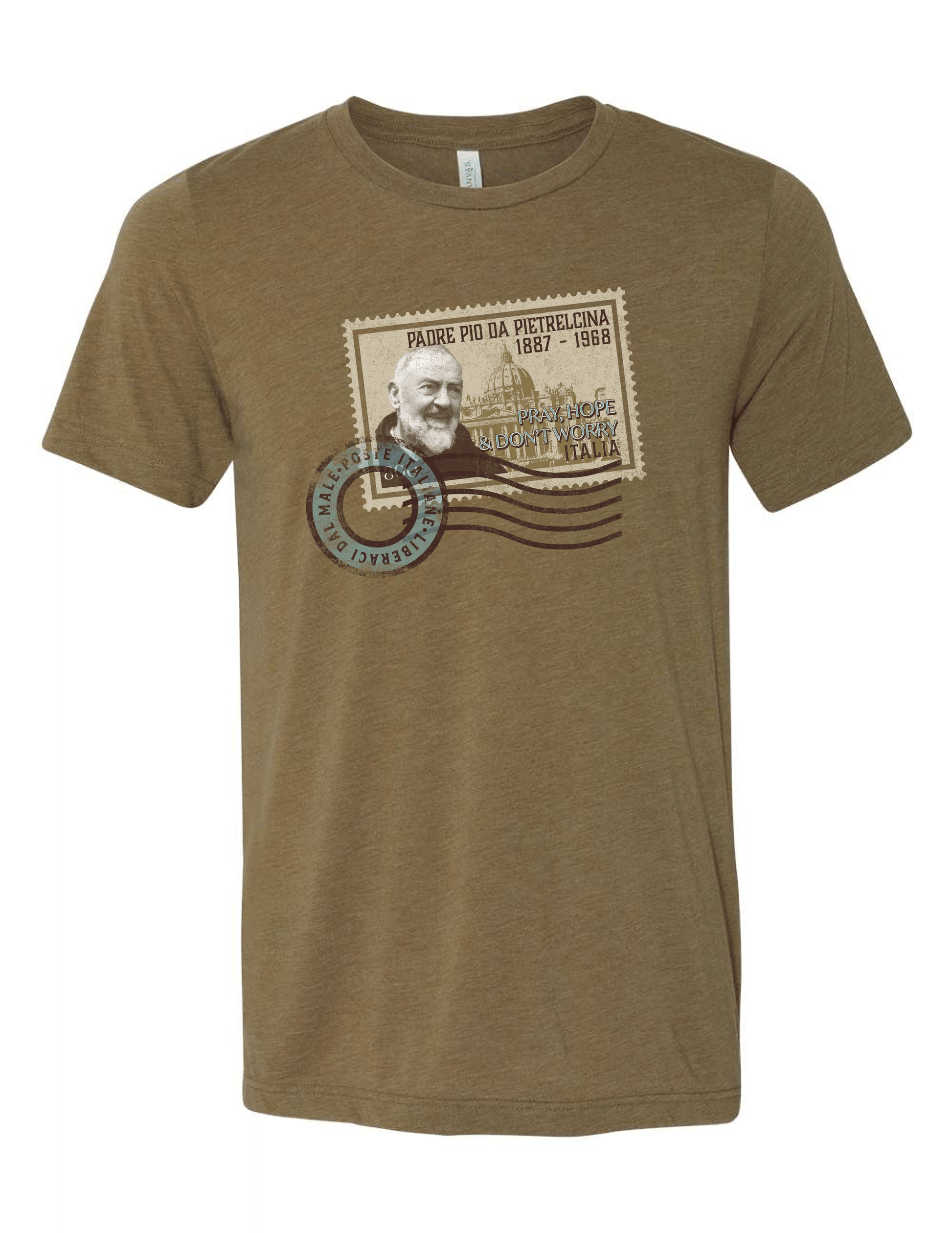 Brown t-shirt with graphic design of a Padre Pio on a white background