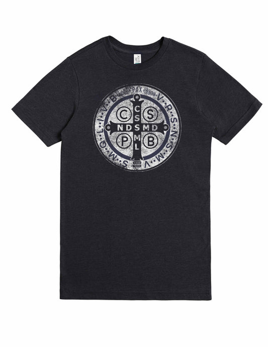 Black t-shirt with a white Benedict logo on a white background
