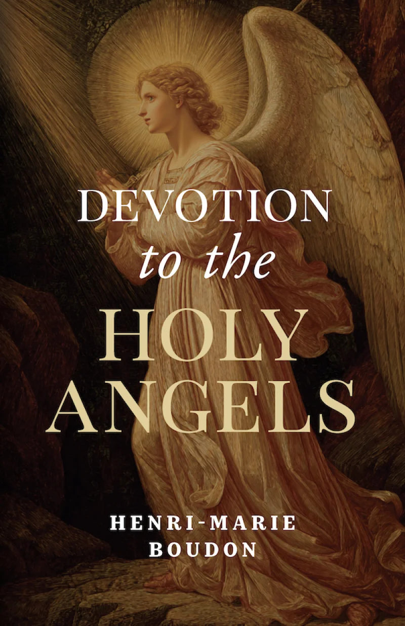 Book cover of 'Devotion to the Holy Angels' by Henri-Marie Boudon featuring an angel illustration.