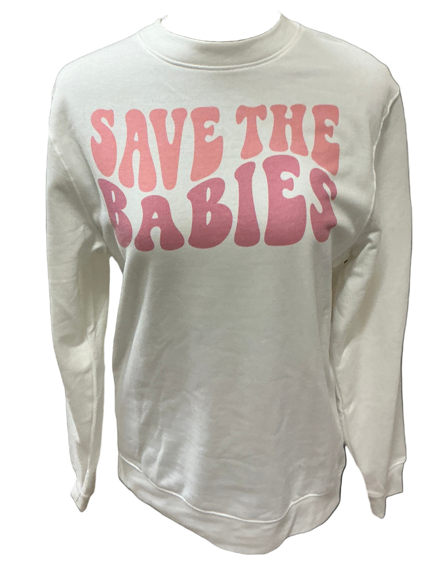 White sweatshirt with 'SAVE THE BABIES' text in pink on a black background