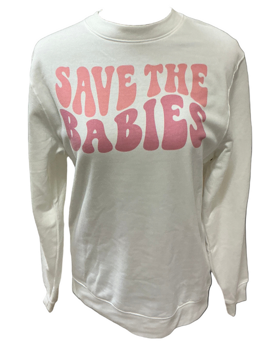 White sweatshirt with 'SAVE THE BABIES' text in pink on a black background