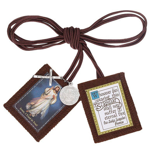 Brown scapular with Jesus image and our lady’s scapular promise with silver cross charm and Jesus medal.