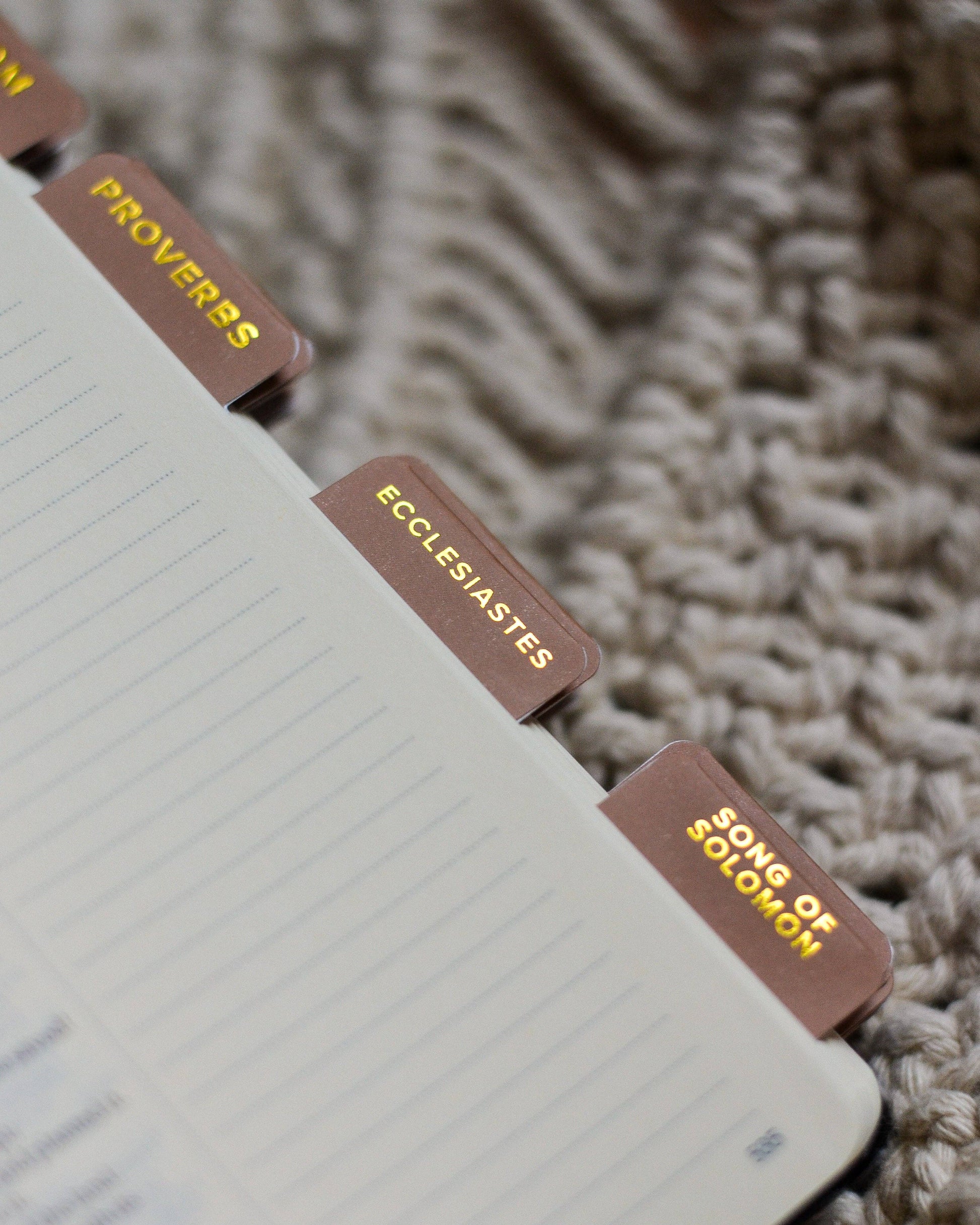 Book with index tabs labeled 'Proverbs', 'Ecclesiastes', and 'Song of Solomon' on a textured surface.