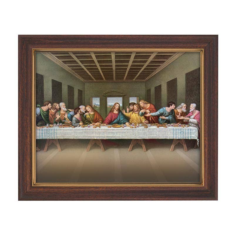 Framed artwork of 'The Last Supper' with a wooden frame.