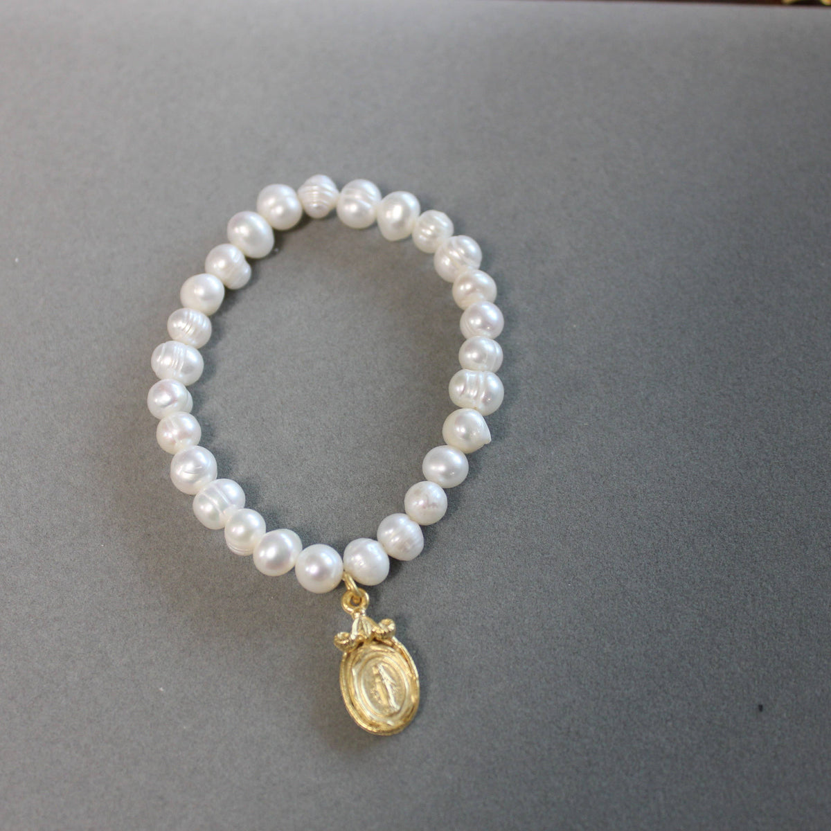 Pearl Stretch Charm Bracelet with Virgin Mary Medal