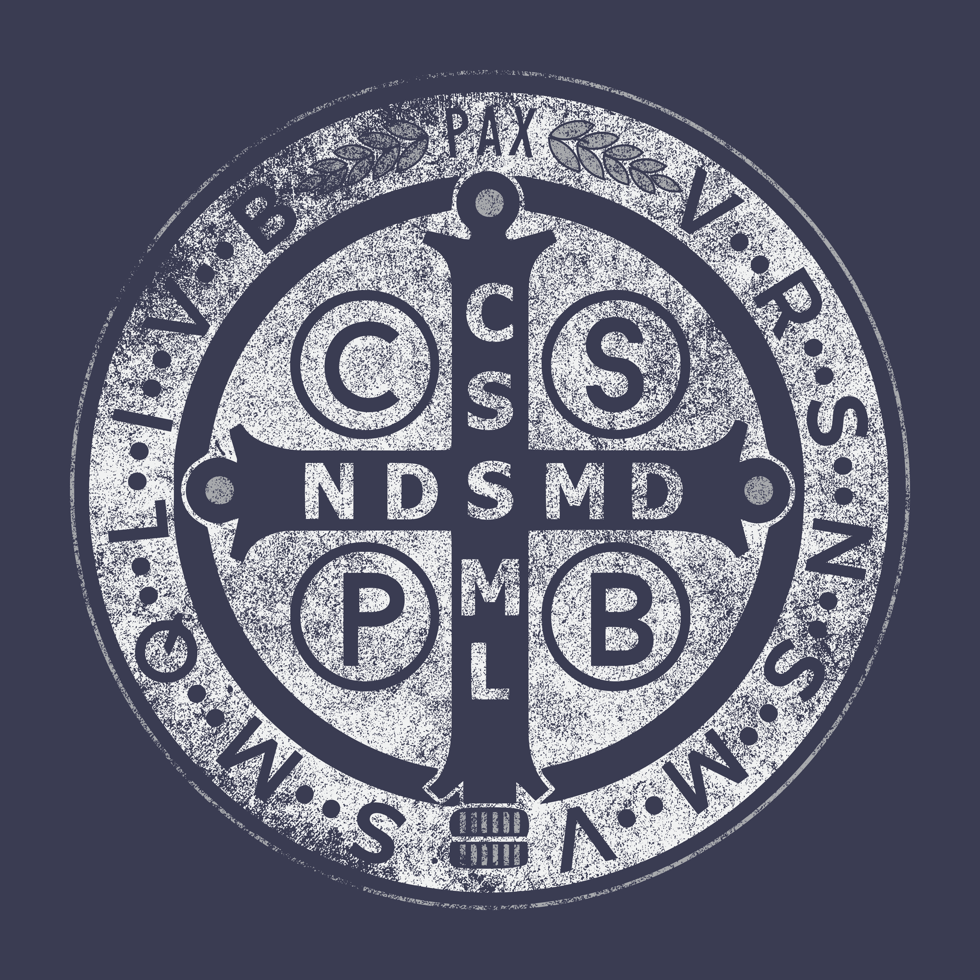 Circular emblem with St. Benedict cross and initials on a dark background