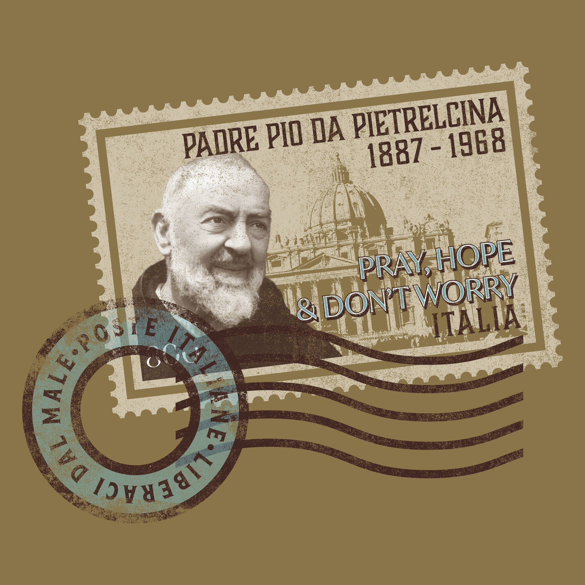Vintage-style stamp with Padre Pio's portrait and text on a brown background