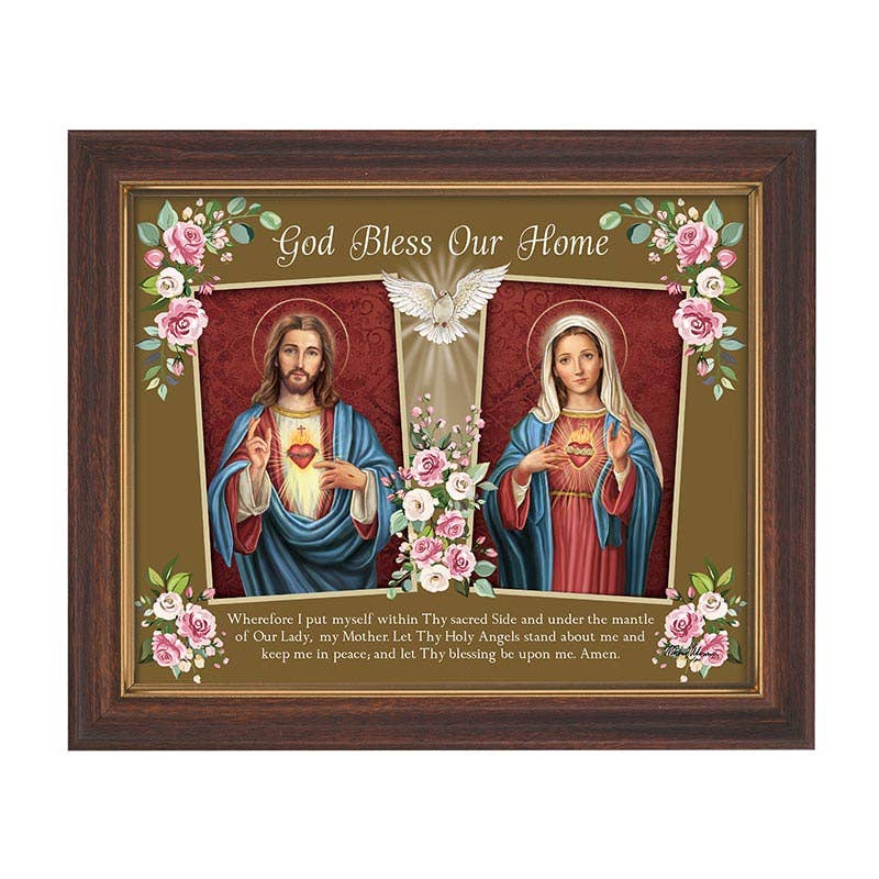 Decorative plaque with religious figures, flowers, and text on a white background