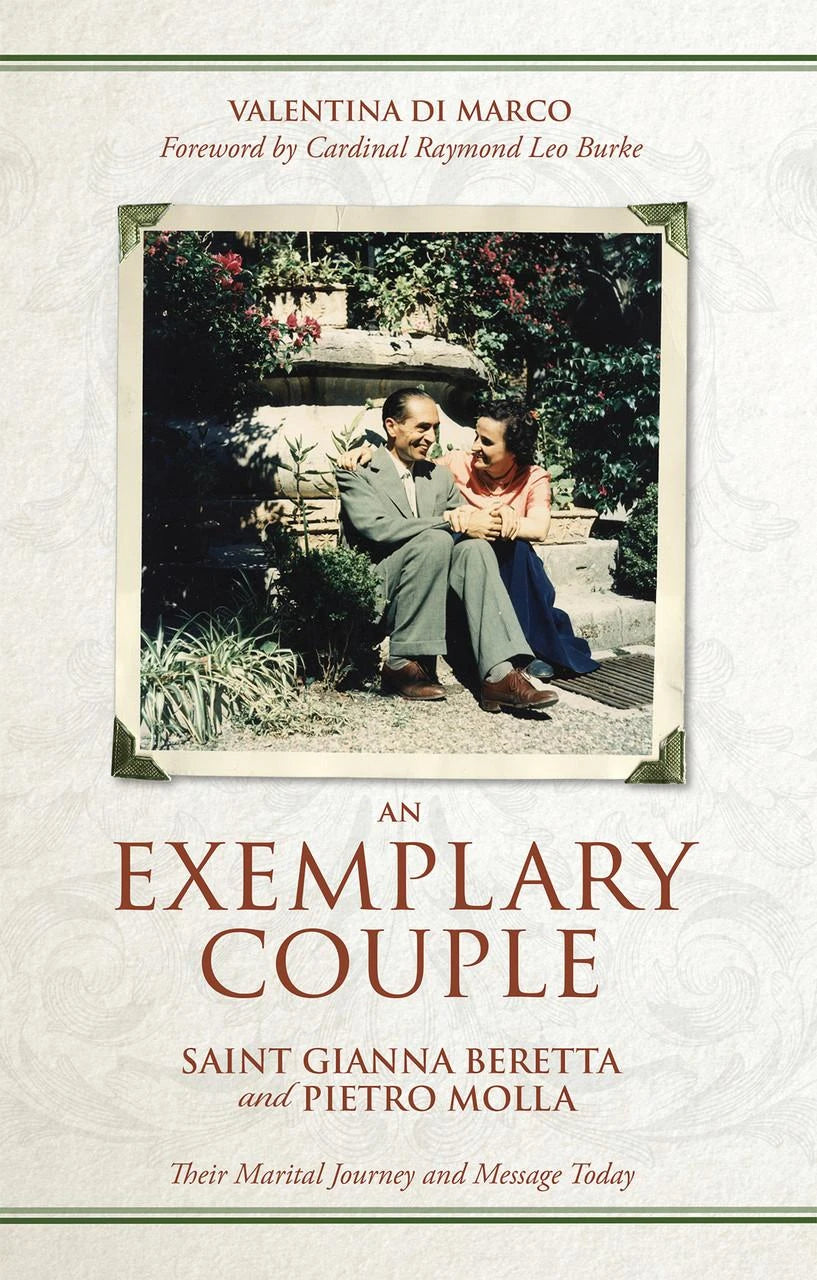 Book cover of 'An Exemplary Couple' featuring a couple sitting together with text about Saint Gianna Beretta and Pietro Molla.
