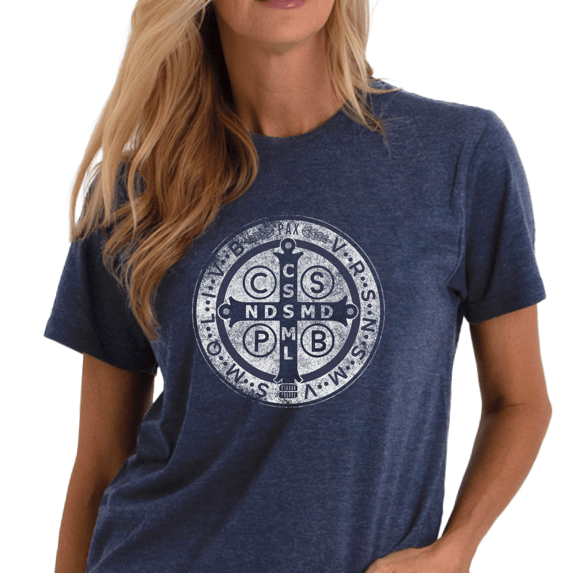 Navy blue t-shirt with a white St. Benedict emblem worn by a person on a white background