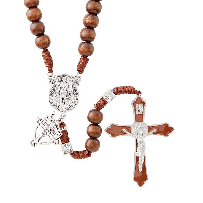 Wooden rosary with brown beads and silver crucifix on a white background