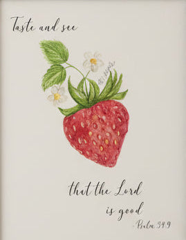 Framed print with a strawberry illustration and text.