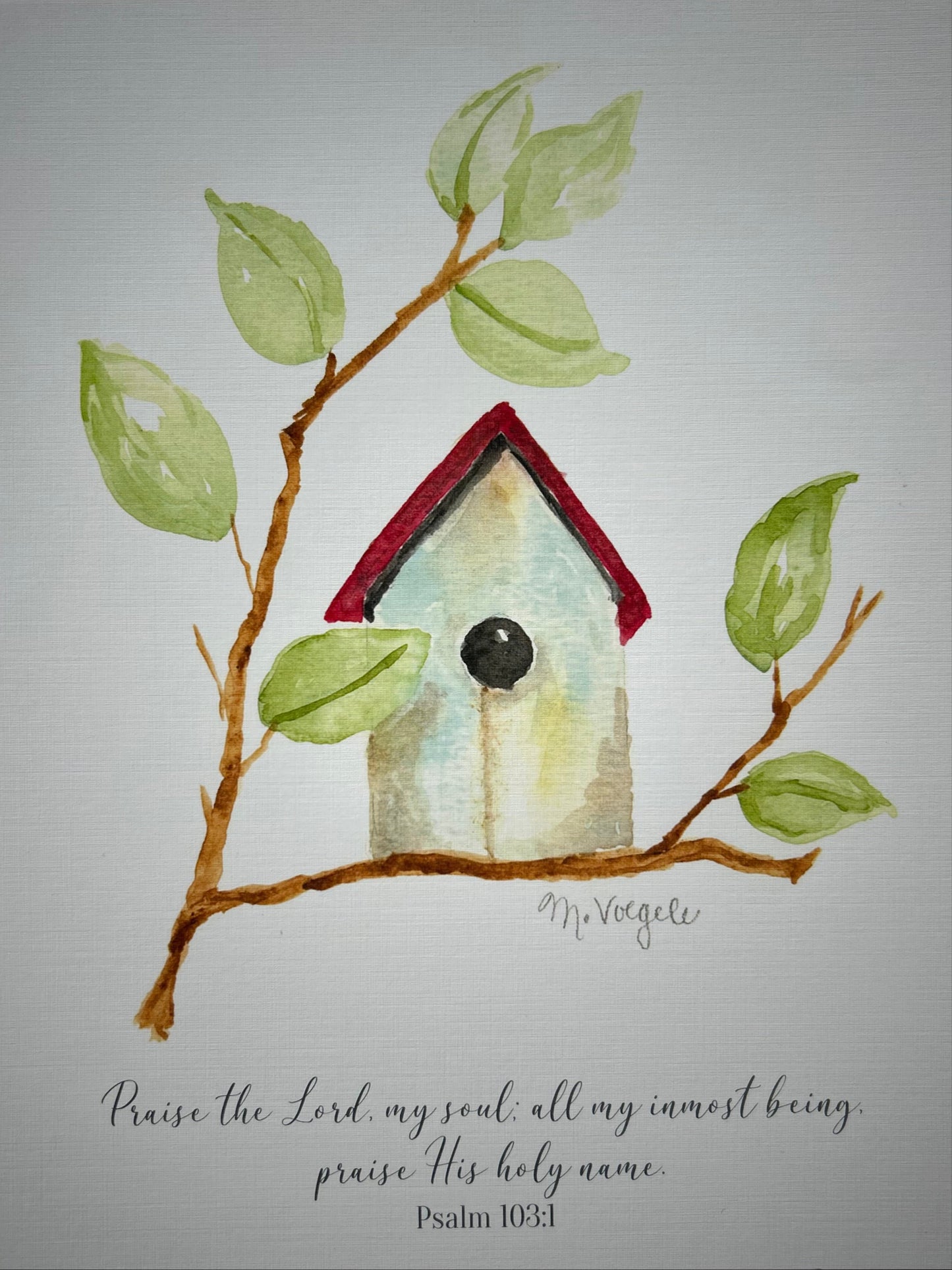 Watercolor illustration of a birdhouse on a branch with leaves, featuring a religious quote.