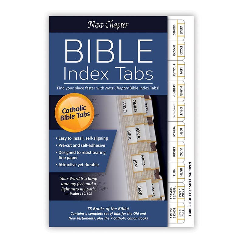 Bible Index Tabs packaging with blue background and white text
