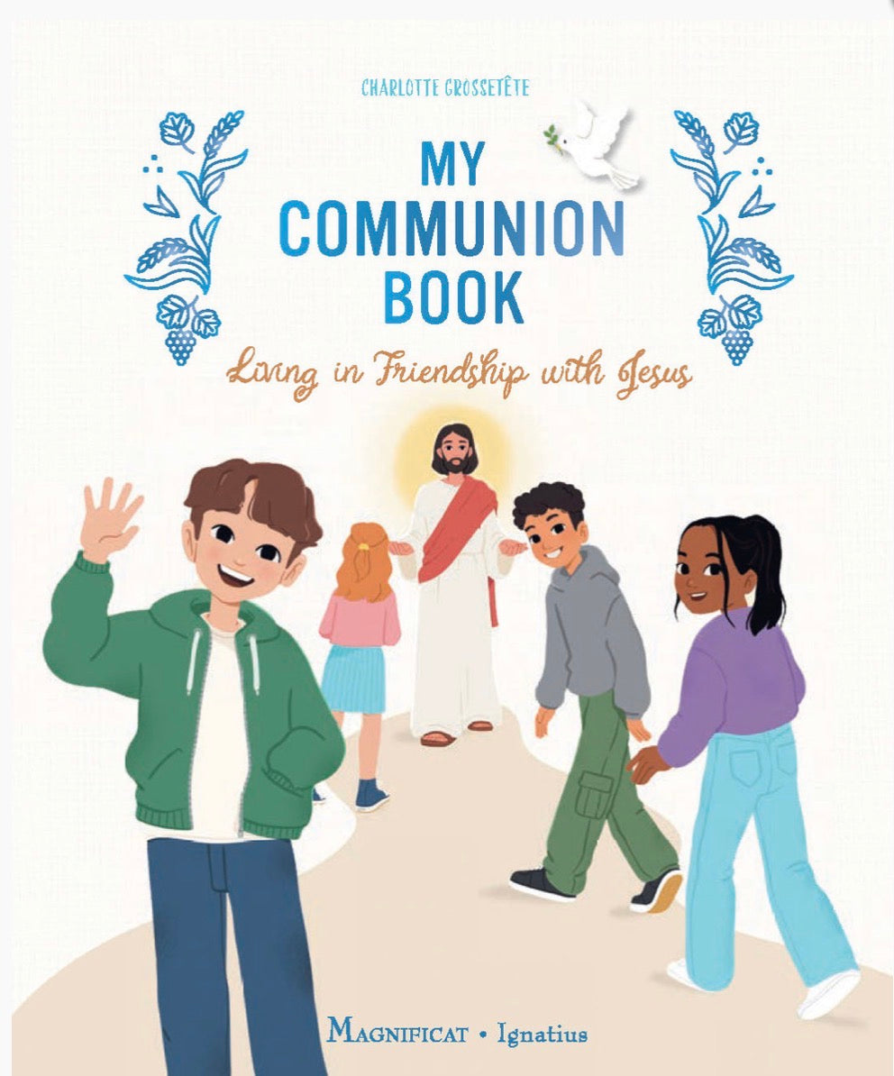 Book cover of 'My Communion Book' with illustrations of children and Jesus, featuring the Magnificat and Ignatius logos.