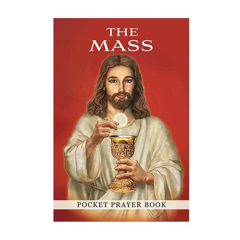 Book cover of 'The Mass Pocket Prayer Book' with an illustration of a religious figure on a red background.