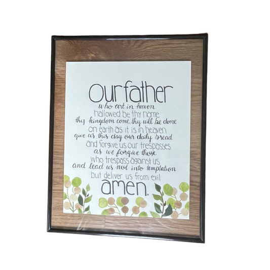 Framed print of the Lord's Prayer with decorative elements on a white background
