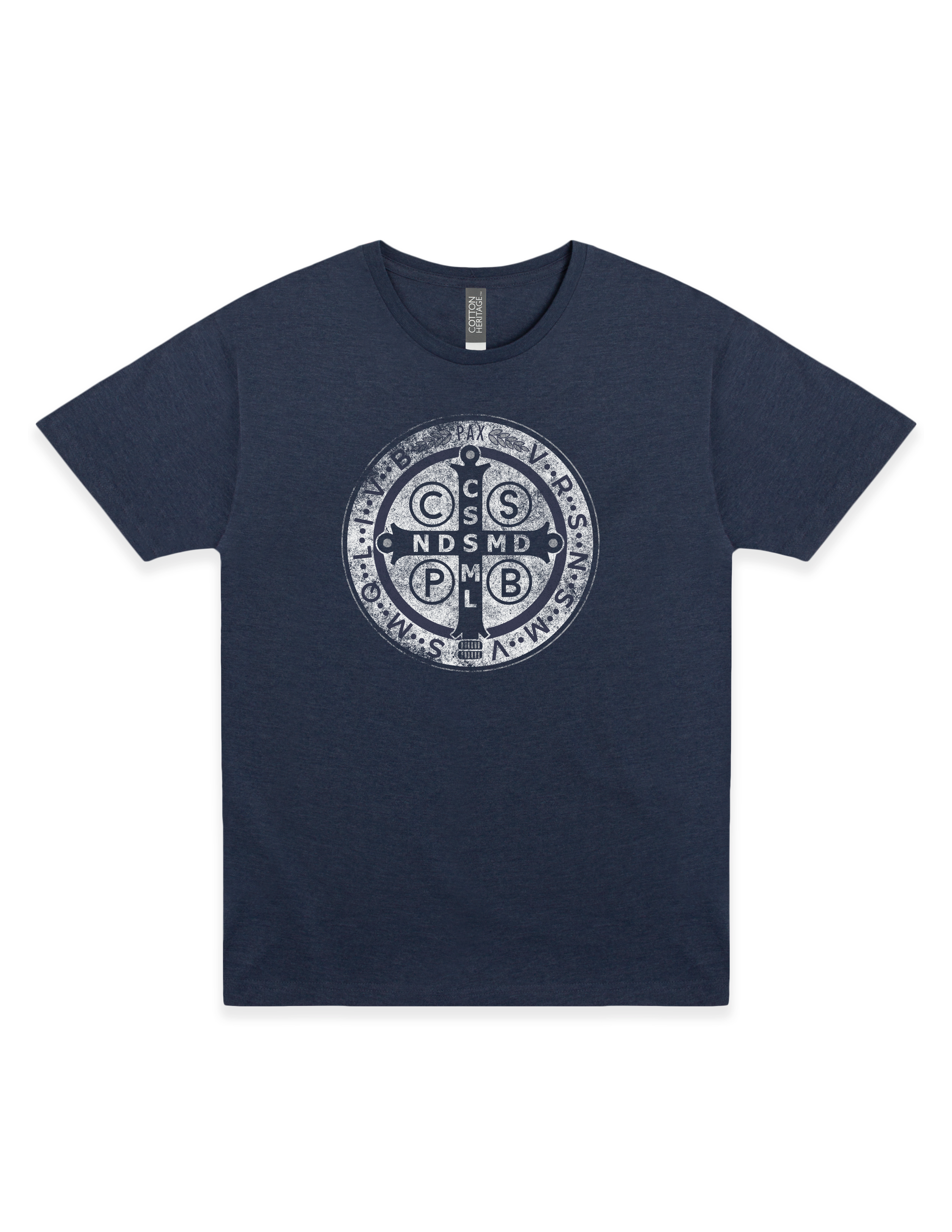 Navy blue t-shirt with a white St. Benedict logo on a white background