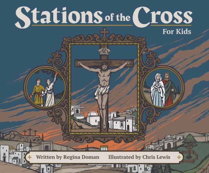 Jesus on the cross with a city in the background