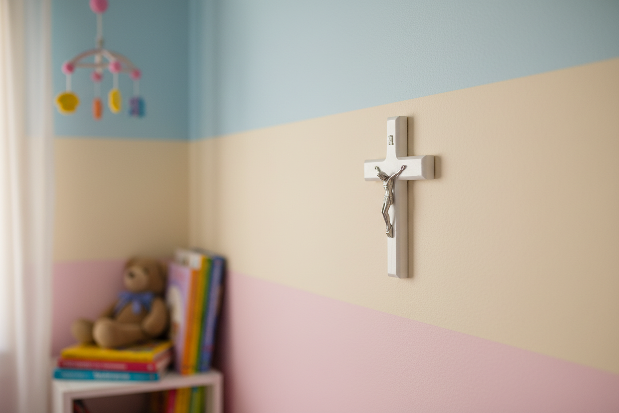 Cross on a wall in a child's room with books and a teddy bear.