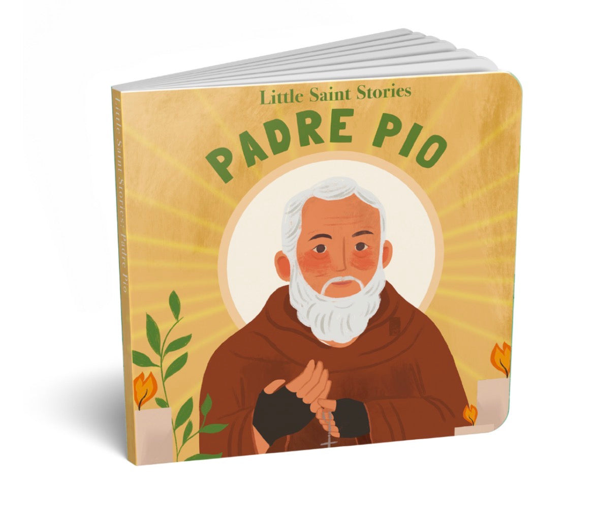 Book titled 'Little Saint Stories Padre Pio' with an illustration of a saint on the cover.