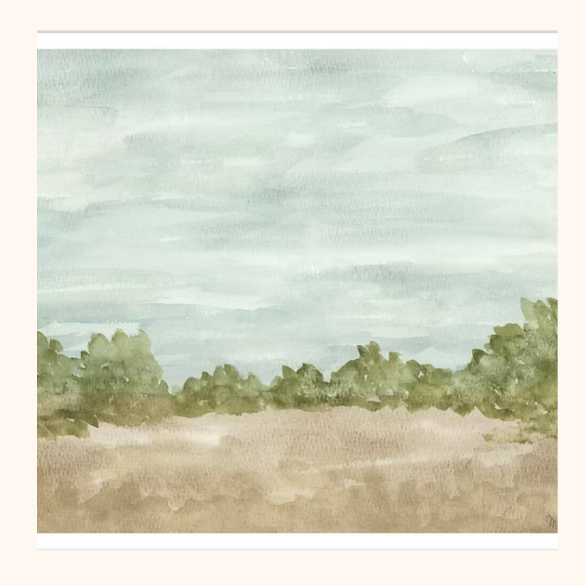 Watercolor landscape with trees and a sky.