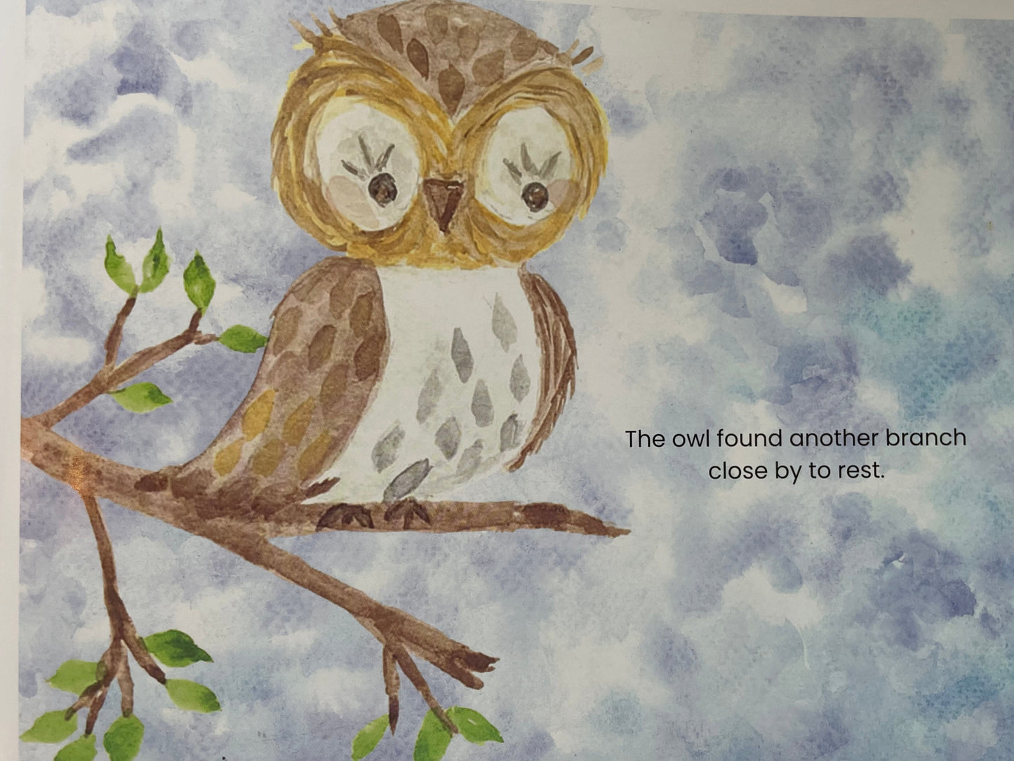 Illustration of an owl on a branch with a watercolor background