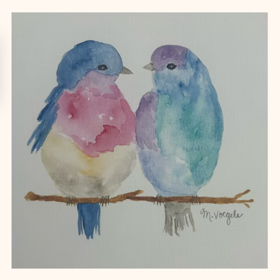 Watercolor painting of two birds on a branch with floral elements below.