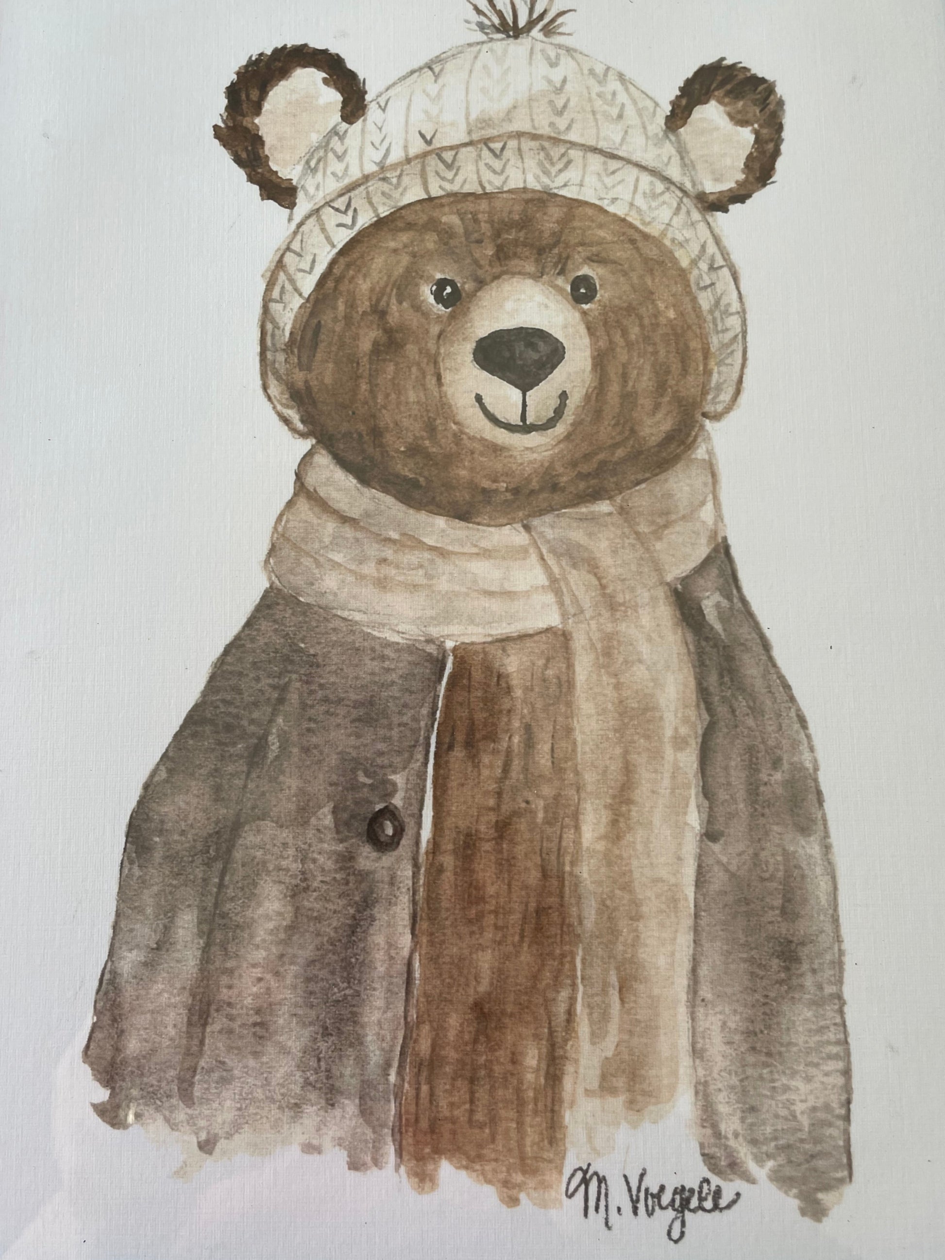 Illustration of a teddy bear wearing a coat on a white background