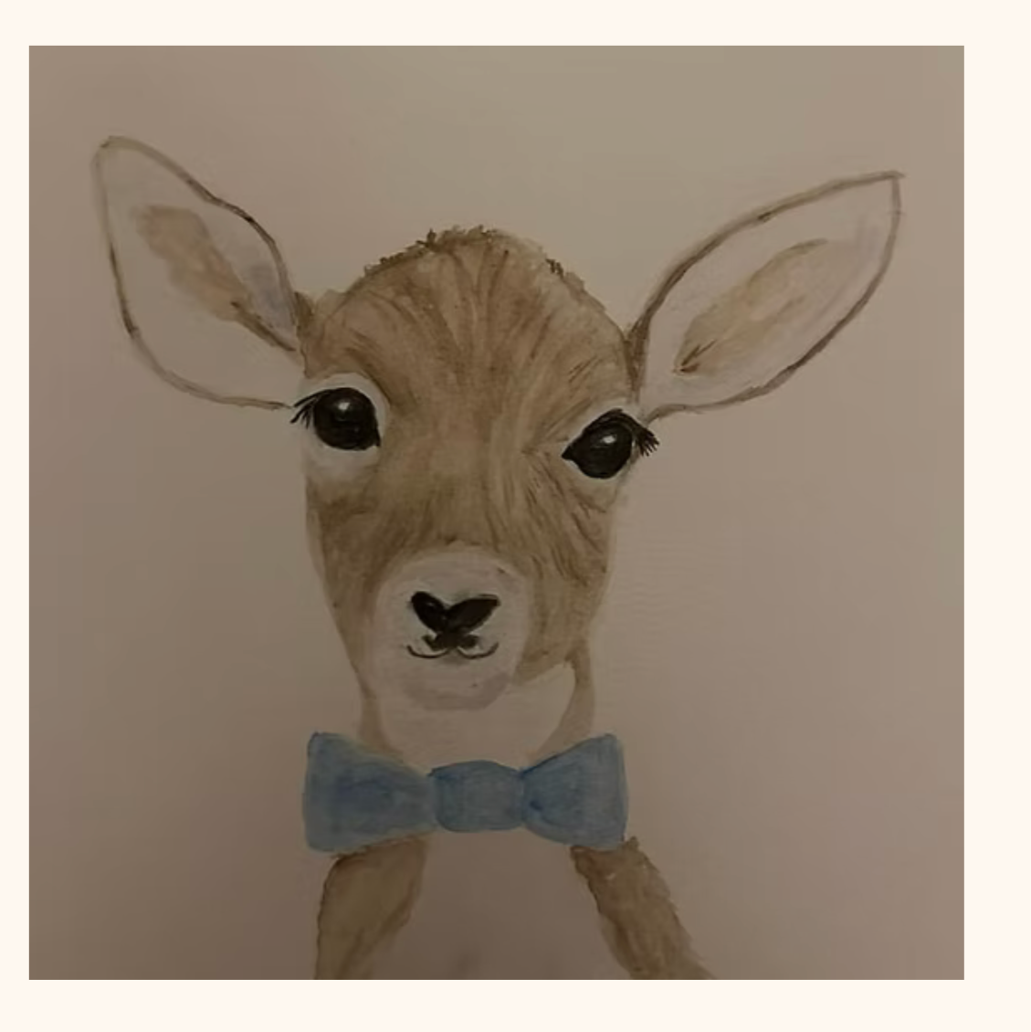 Illustration of a deer wearing a bow tie on a product page with price and tax information.