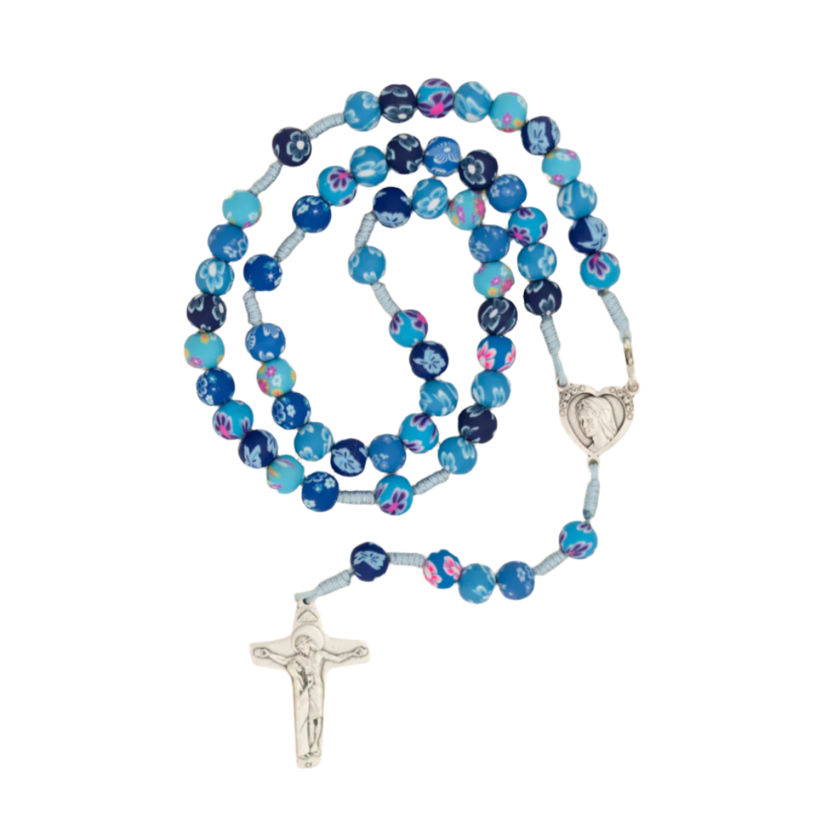 Blue and white rosary with a silver cross on a white background