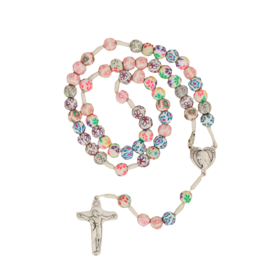Multicolored rosary with a cross on a white background