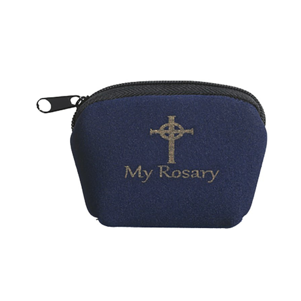 Blue rosary case with cross design on a white background