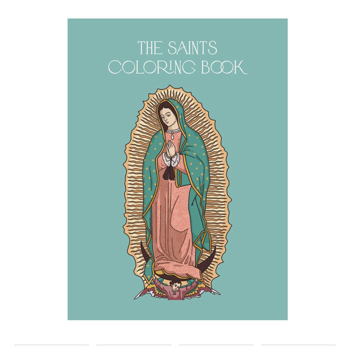 Coloring book cover with a religious illustration on a teal background