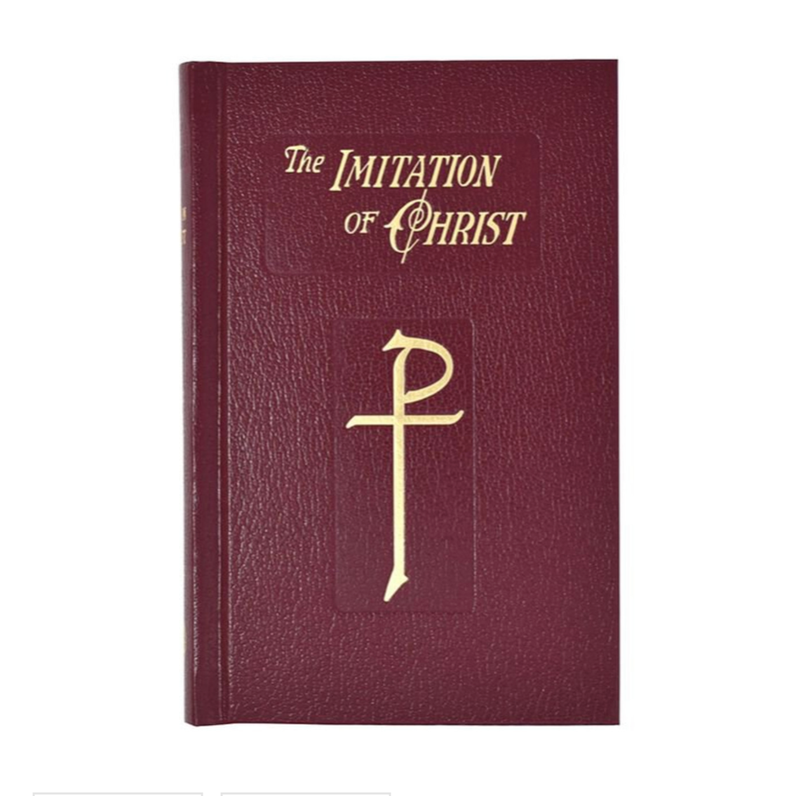 Maroon book titled 'The Imitation of Christ' with gold text