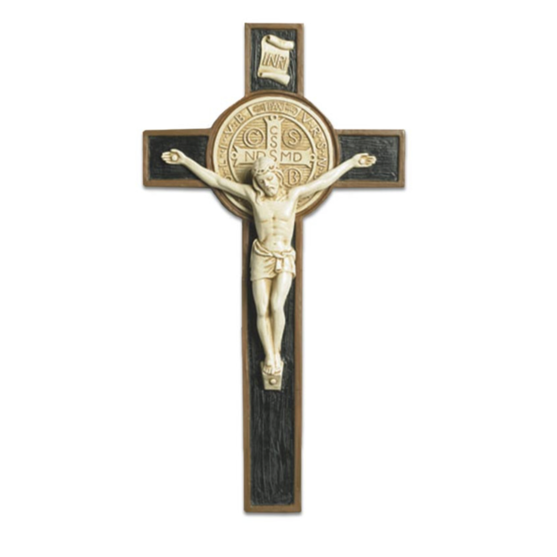Wooden cross with a figure of Jesus on a white background