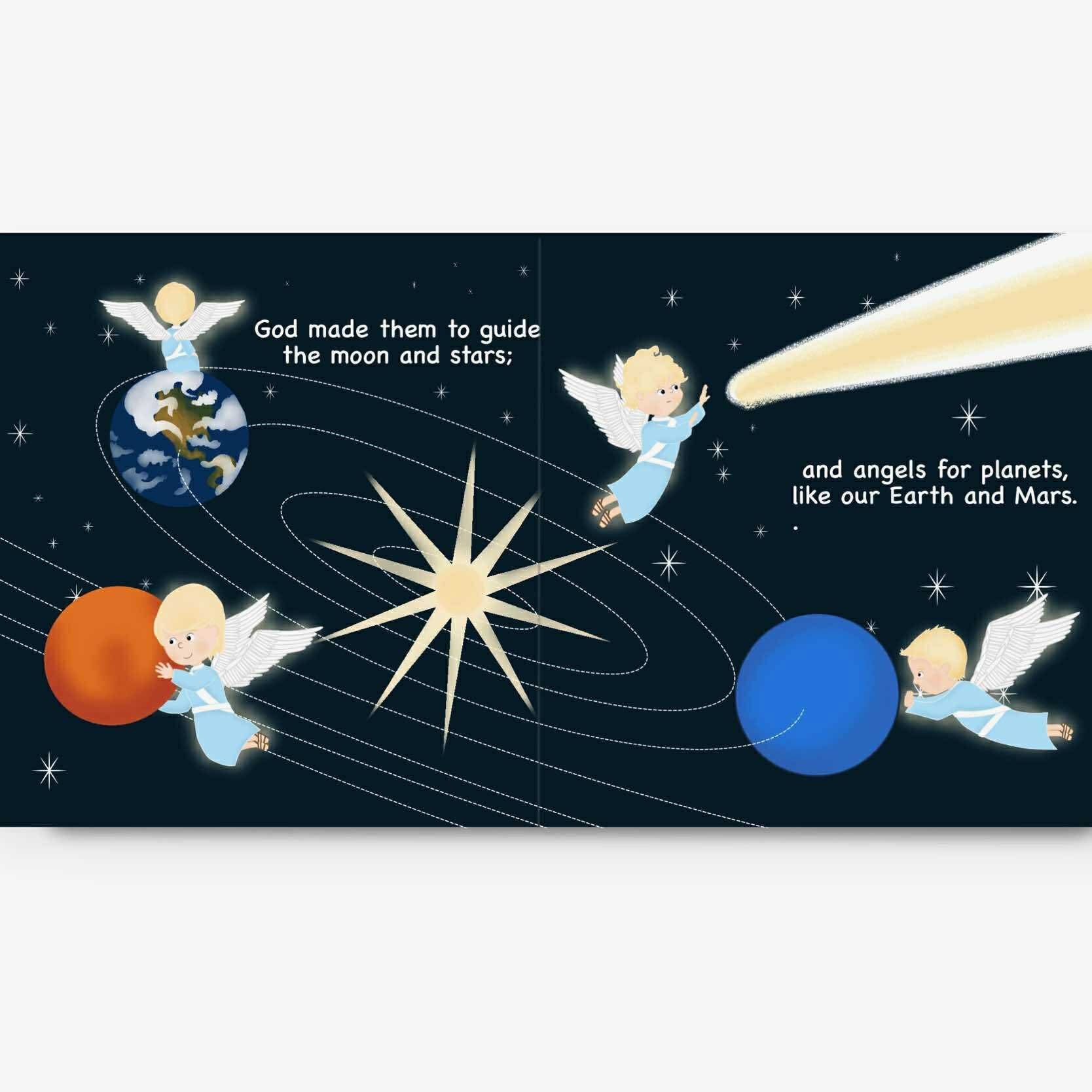 Illustration of angels guiding celestial bodies with text on a dark blue background