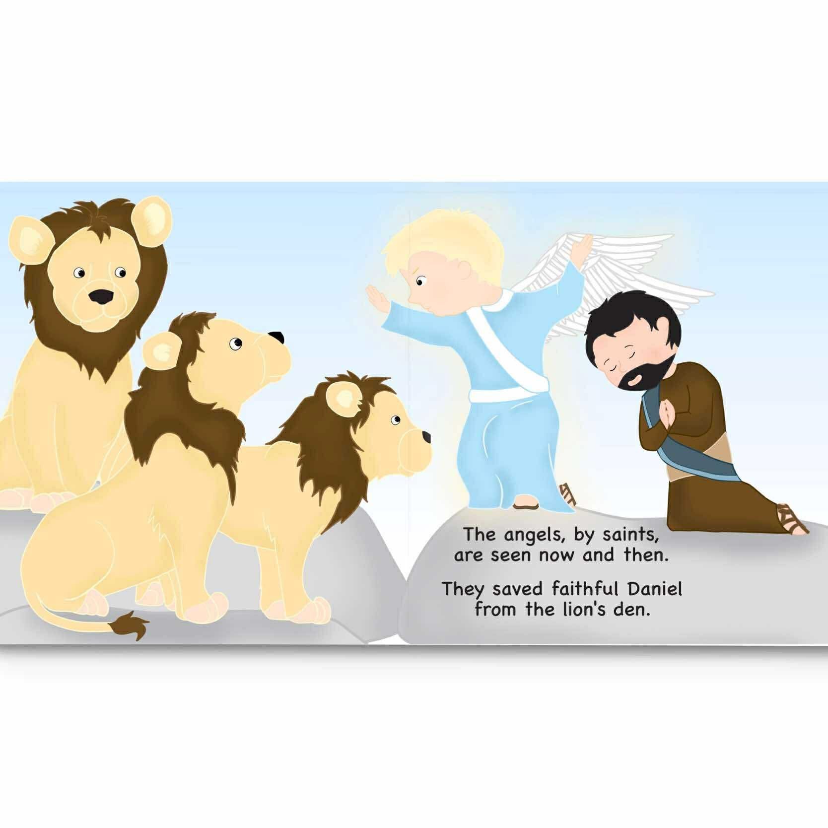 Illustration of Daniel and the lions with text about angels and saints.