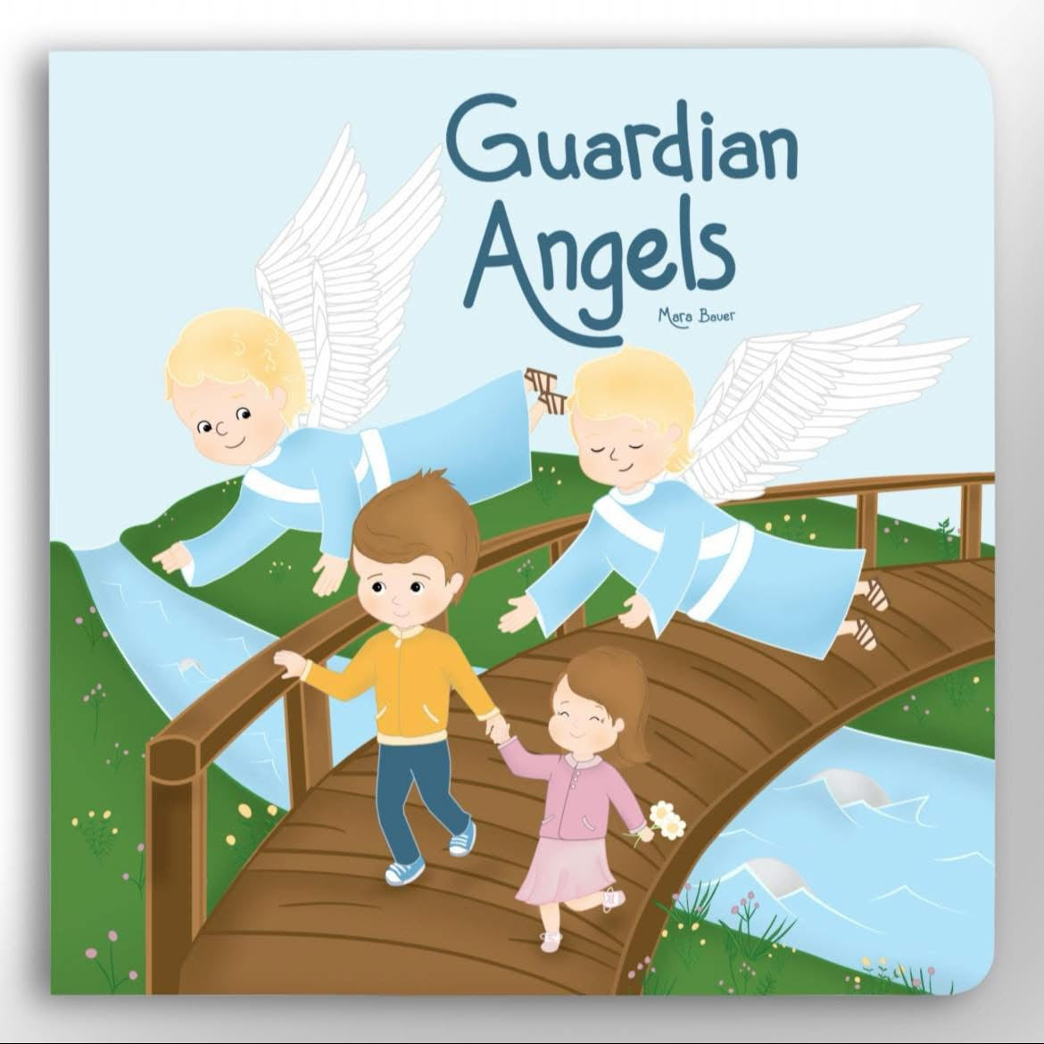 Book cover of 'Guardian Angels' with two children and two angels on a bridge.