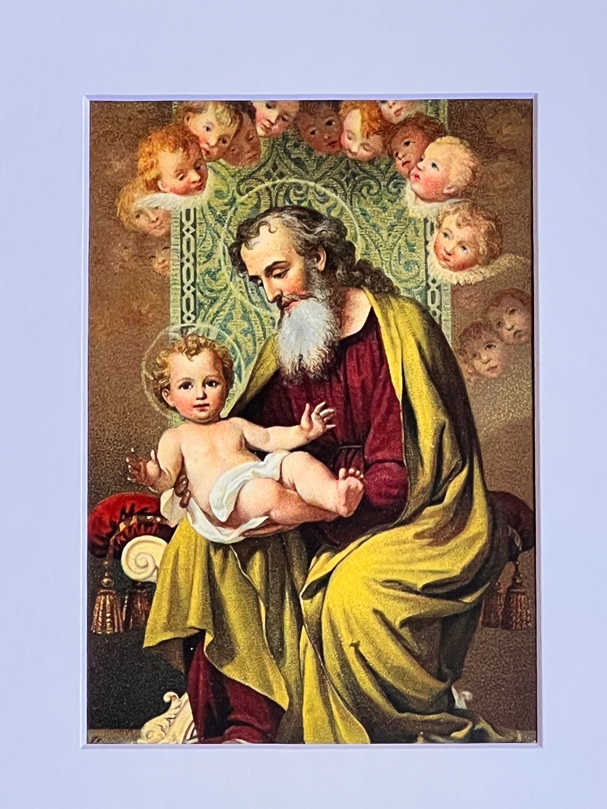 Vintage-style painting of a woman holding a child with cherubic faces above, on a light blue background.