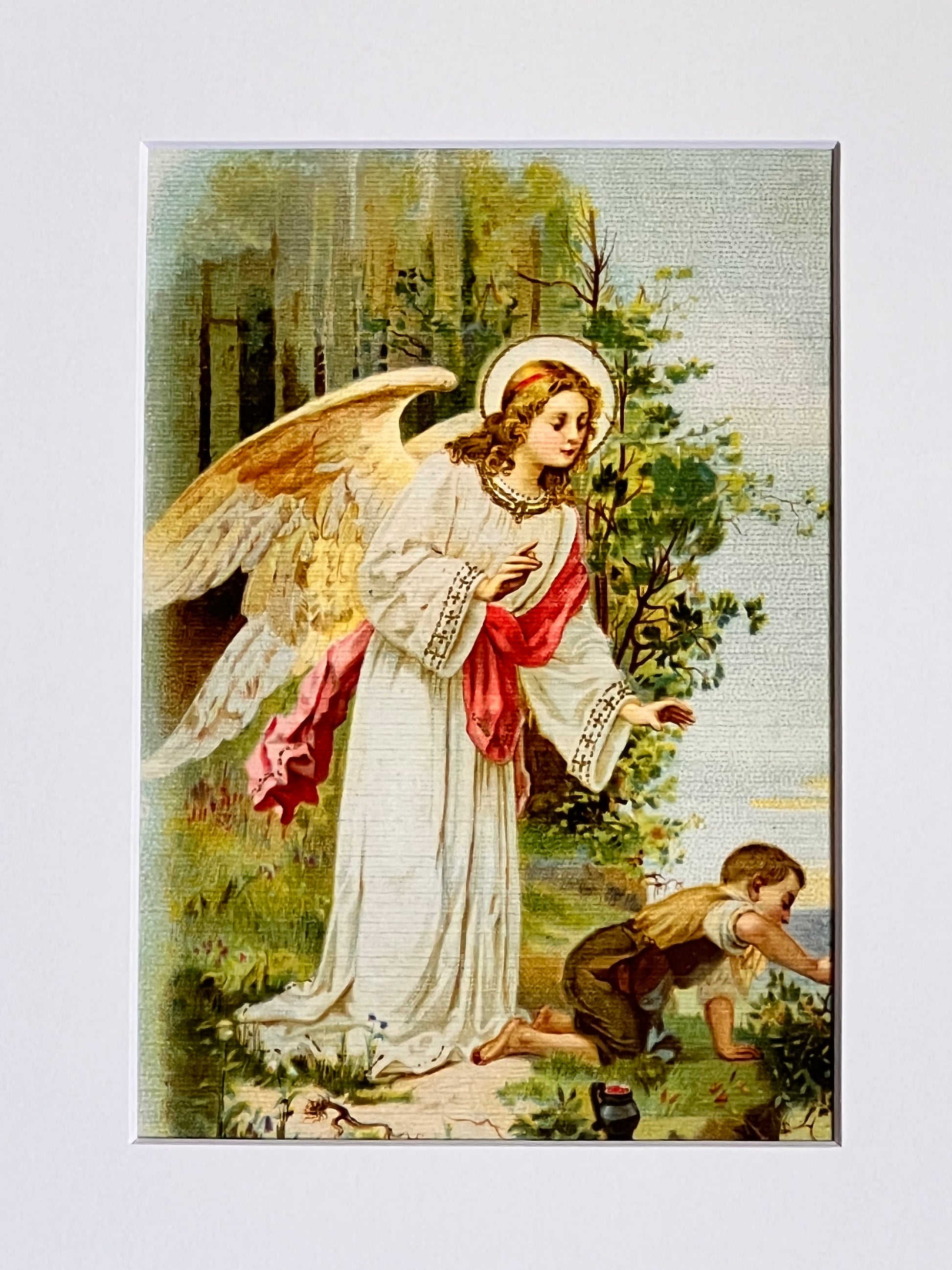 Vintage-style painting of an angel in a garden with a child.