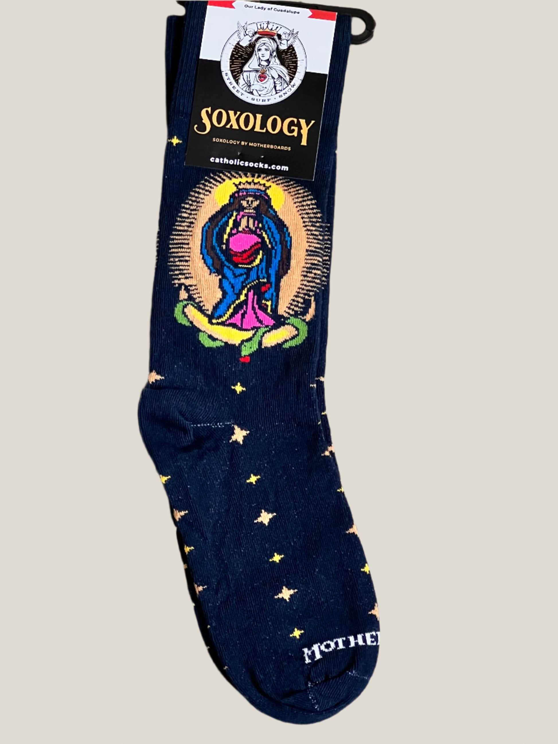Navy sock with colorful graphic design and 'Soxology' branding on a beige background
