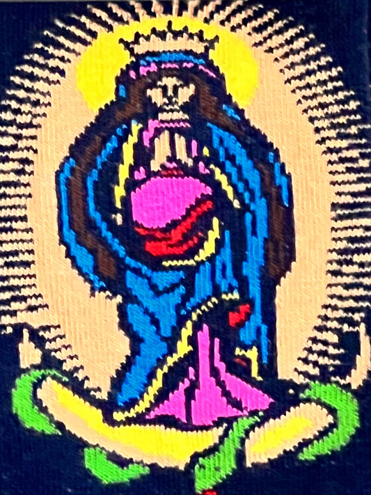 Colorful pixelated depiction of a religious figure with a bright yellow halo on a dark background.