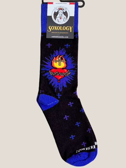 Black sock with colorful design and 'SOXOLOGY' branding on a white background