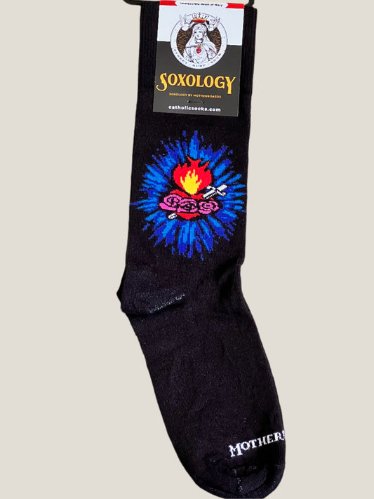 Black sock with colorful design and 'SOXOLOGY' branding on a beige background